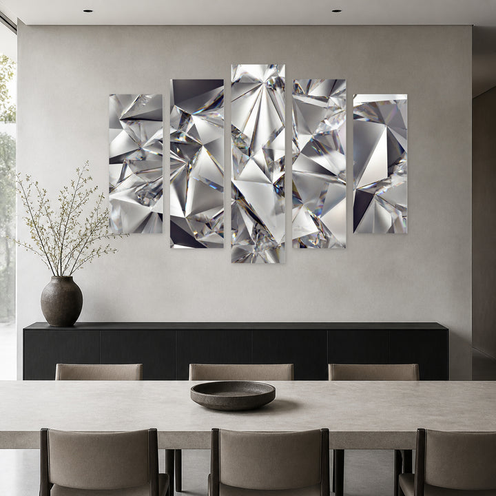 Silver Abstraction with Geometric Rhythm — five-panel wall art in frontal interior | 5wallart 53400 M3