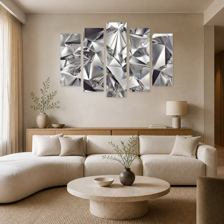 Silver Abstraction with Geometric Rhythm — five-panel wall art in alternate frontal interior | 5wallart 53400 M4