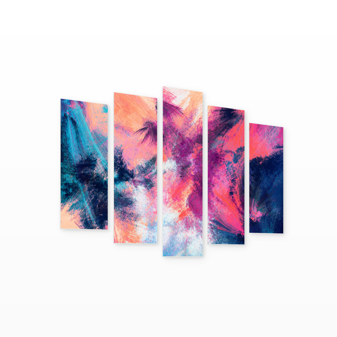 Summer Abstraction in Warm Colors with Geometric Rhythm — five-panel wall art on white background in perspective | 5wallart 53405 M1