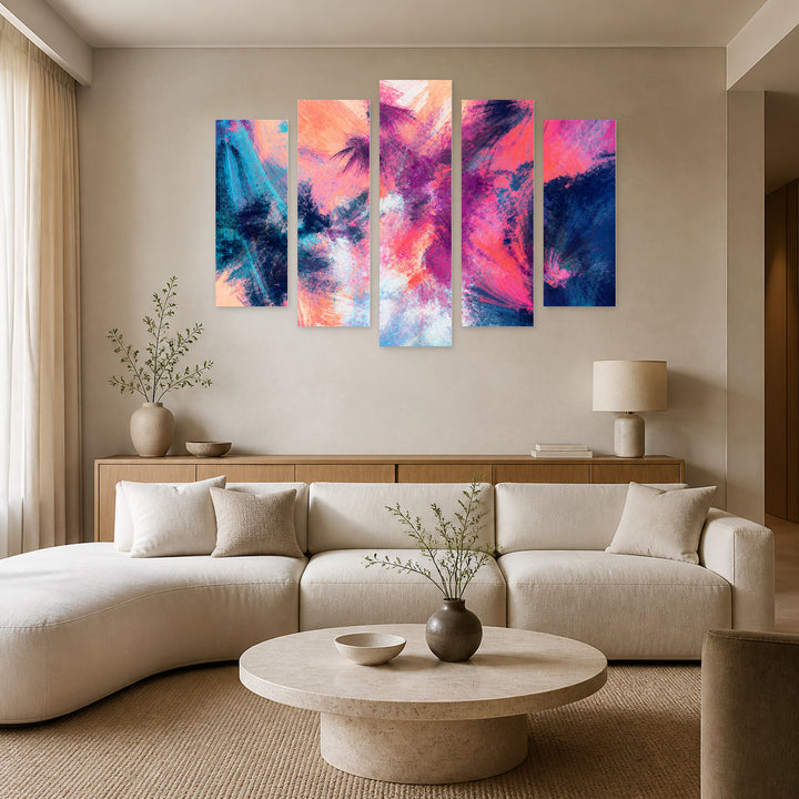 Summer Abstraction in Warm Colors with Geometric Rhythm — five-panel wall art in frontal interior | 5wallart 53405 M3