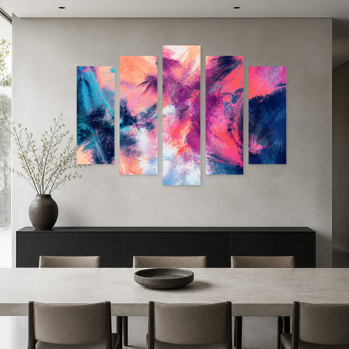 Summer Abstraction in Warm Colors with Geometric Rhythm — five-panel wall art in alternate frontal interior | 5wallart 53405 M4