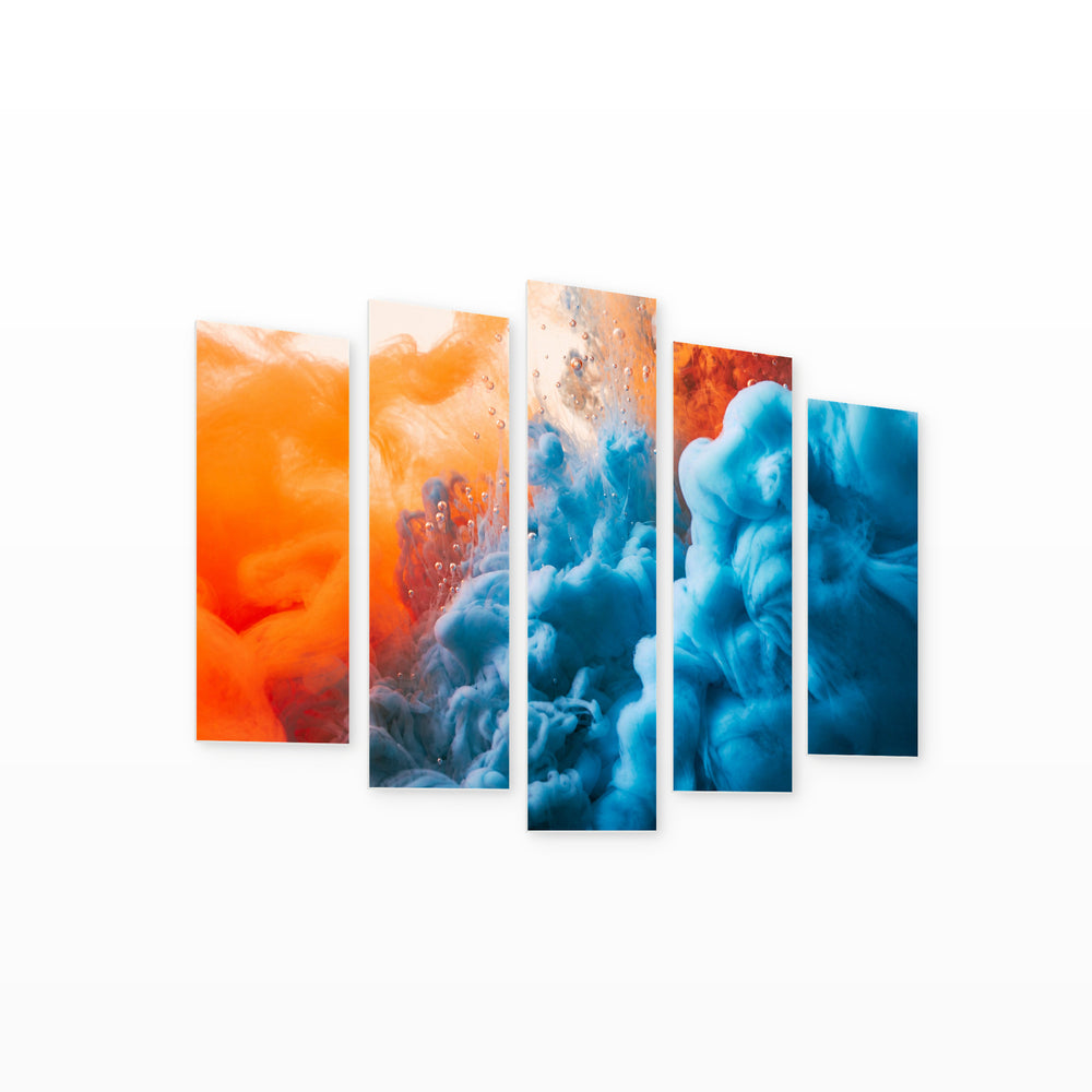 Explosion of Blue and Orange Color Modern Composition — five-panel wall art on white background in perspective | 5wallart 53408 M1
