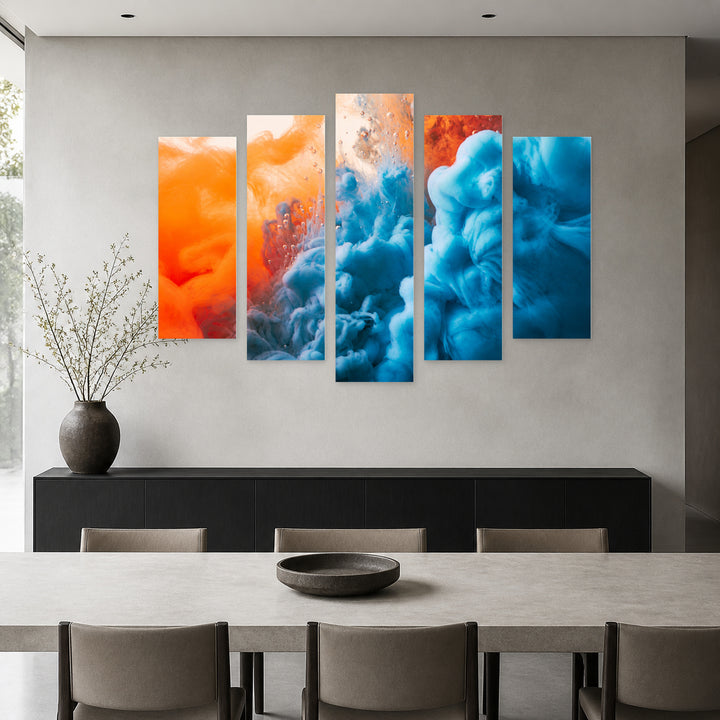 Explosion of Blue and Orange Color Modern Composition — five-panel wall art in frontal interior | 5wallart 53408 M3