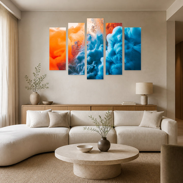 Explosion of Blue and Orange Color Modern Composition — five-panel wall art in alternate frontal interior | 5wallart 53408 M4