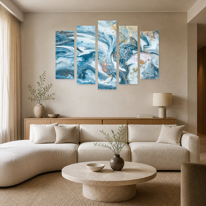 Abstraction in Light Blue with Geometric Rhythm — five-panel wall art in frontal interior | 5wallart 53411 M3