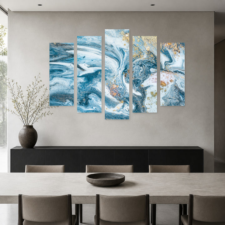 Abstraction in Light Blue with Geometric Rhythm — five-panel wall art in alternate frontal interior | 5wallart 53411 M4