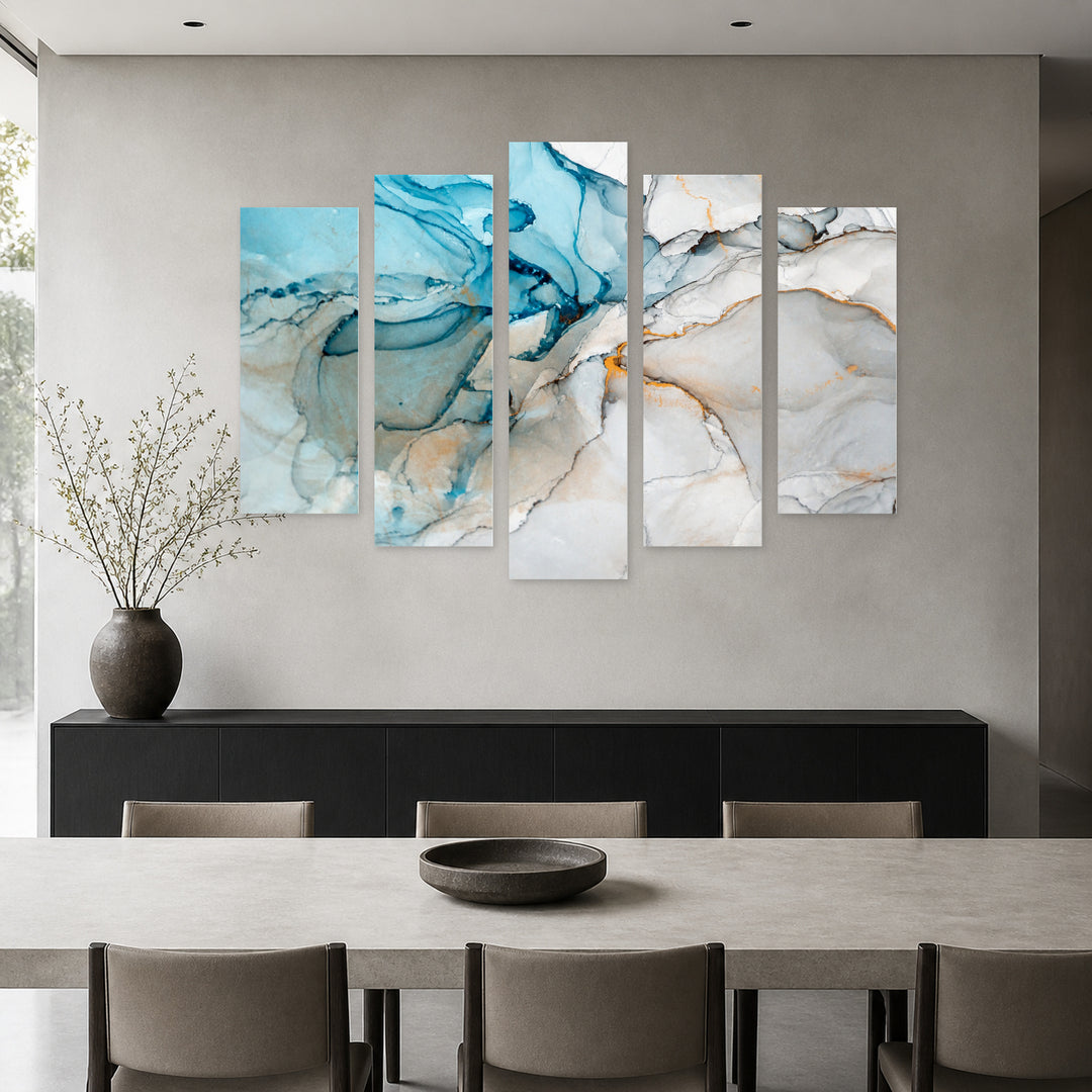 Blue Marble with Geometric Rhythm — five-panel wall art in frontal interior | 5wallart 53416 M3