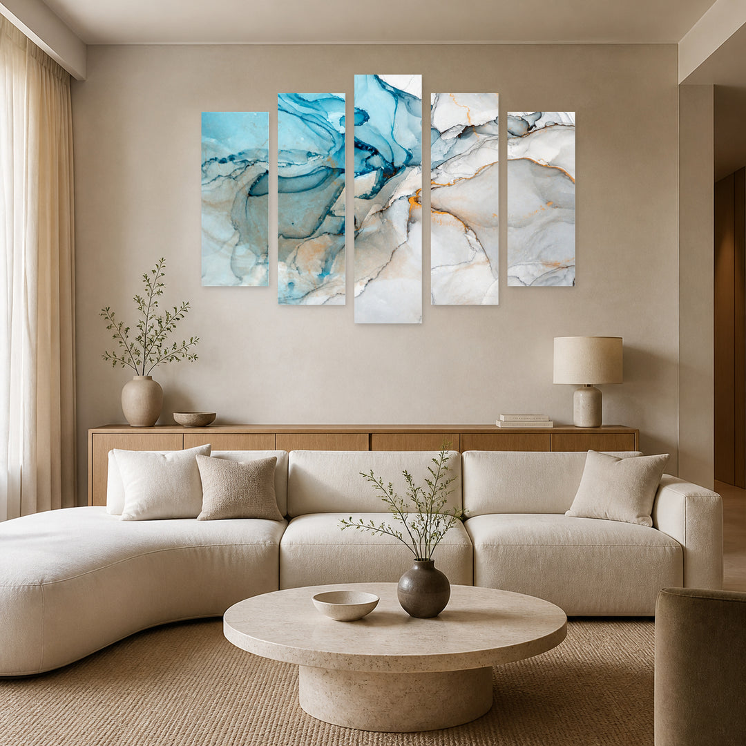 Blue Marble with Geometric Rhythm — five-panel wall art in alternate frontal interior | 5wallart 53416 M4