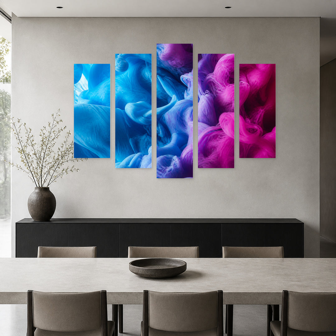 Explosion of Blue and Purple Color Modern Composition — five-panel wall art in alternate frontal interior | 5wallart 53417 M4