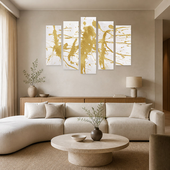 Abstract Gold Spots with Geometric Rhythm — five-panel wall art in alternate frontal interior | 5wallart 53424 M4