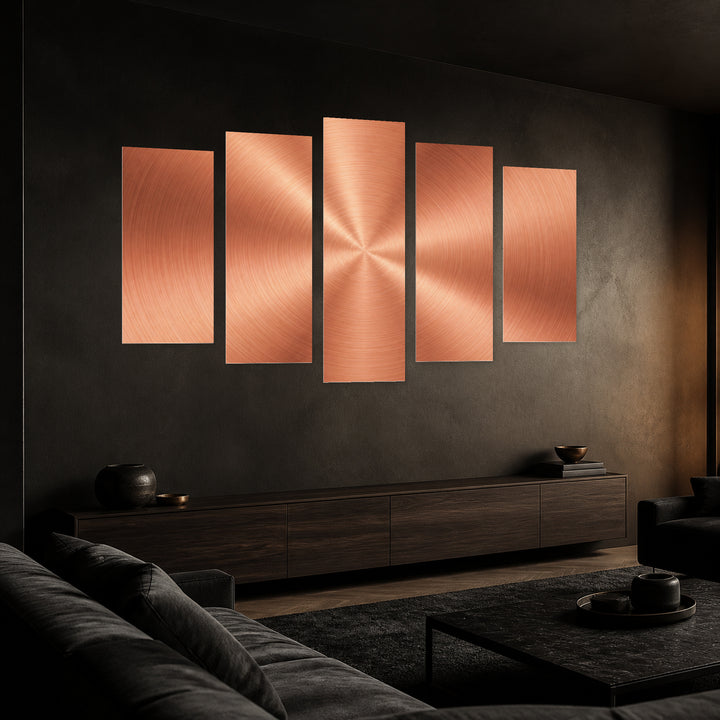 Rose Gold Plate with Geometric Rhythm — five-panel wall art in perspective interior | 5wallart 53433 M2