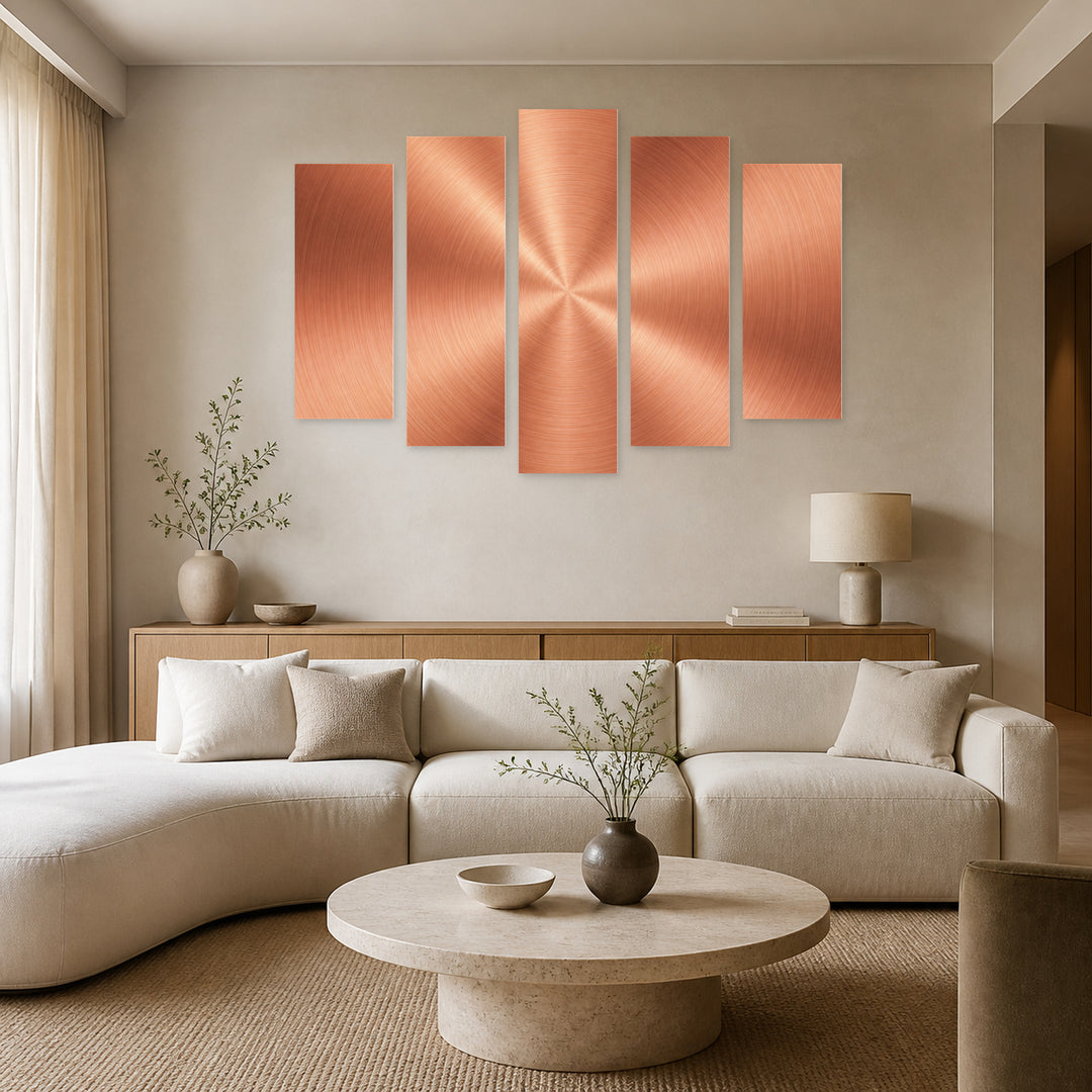 Rose Gold Plate with Geometric Rhythm — five-panel wall art in frontal interior | 5wallart 53433 M3