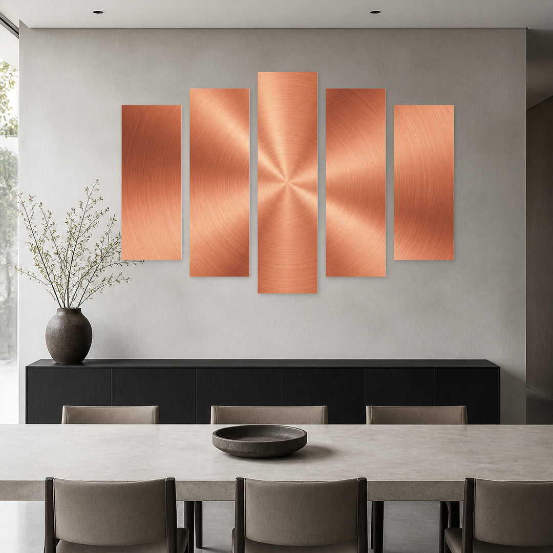 Rose Gold Plate with Geometric Rhythm — five-panel wall art in alternate frontal interior | 5wallart 53433 M4