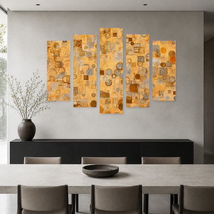 Golden Geometry in Motion — five-panel wall art in frontal interior | 5wallart 53436 M3