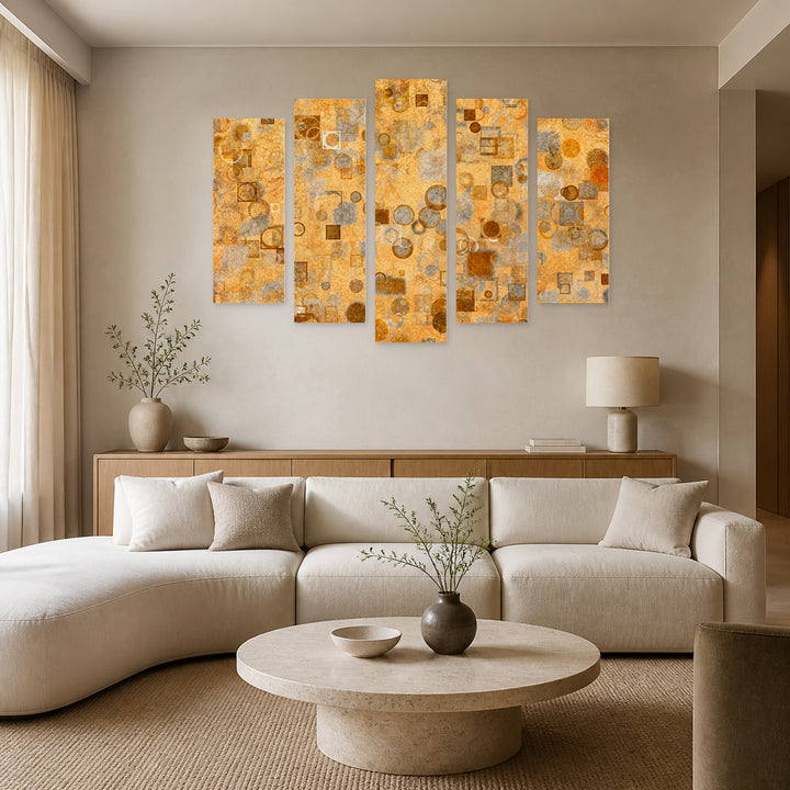 Golden Geometry in Motion — five-panel wall art in alternate frontal interior | 5wallart 53436 M4