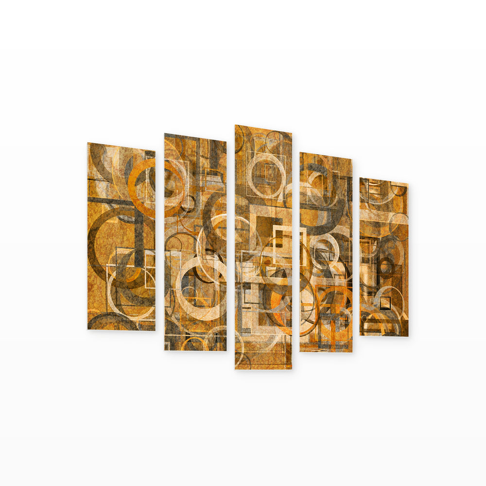 Golden Abstraction with Round Elements with Geometric Rhythm — five-panel wall art on white background in perspective | 5wallart 53437 M1