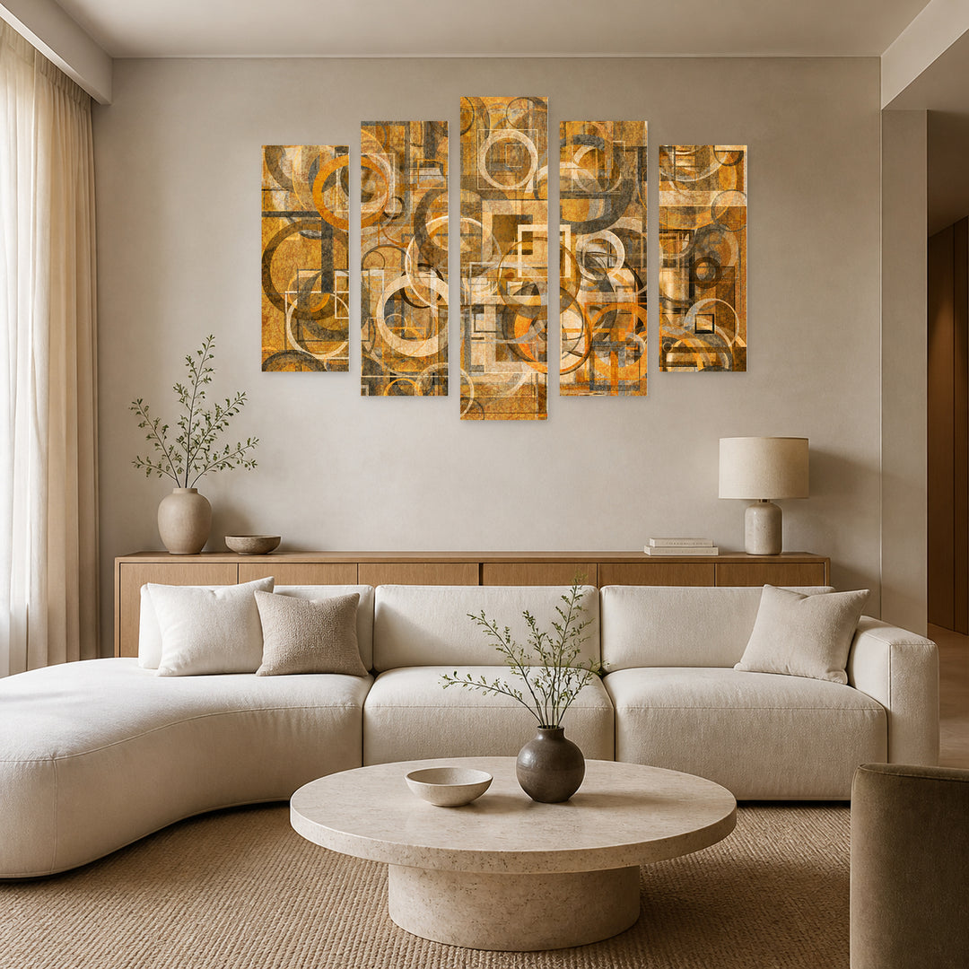 Golden Abstraction with Round Elements with Geometric Rhythm — five-panel wall art in frontal interior | 5wallart 53437 M3