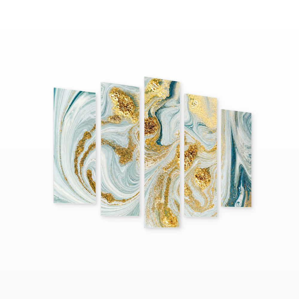 Abstraction in Light Blue and Gold Modern Composition — five-panel wall art on white background in perspective | 5wallart 53440 M1