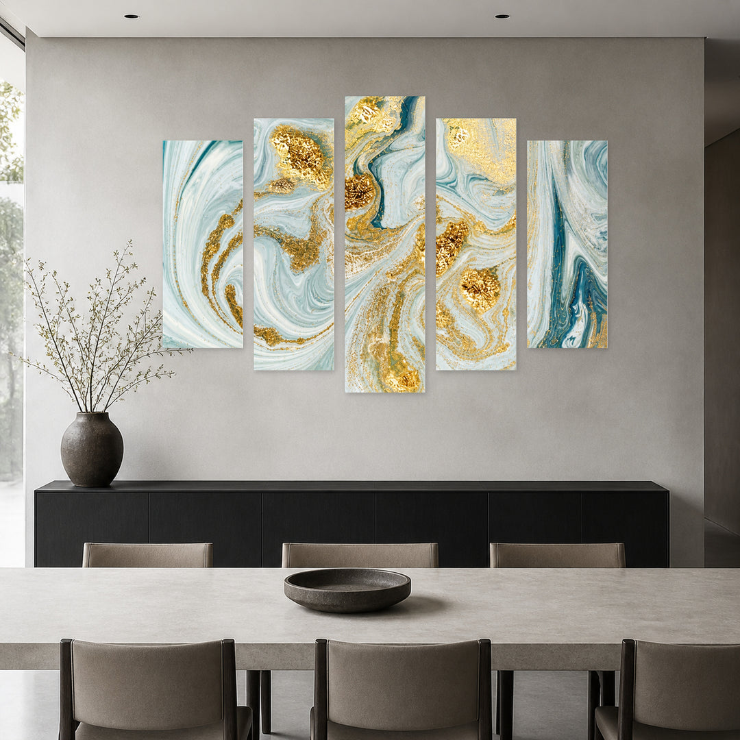 Abstraction in Light Blue and Gold Modern Composition — five-panel wall art in frontal interior | 5wallart 53440 M3