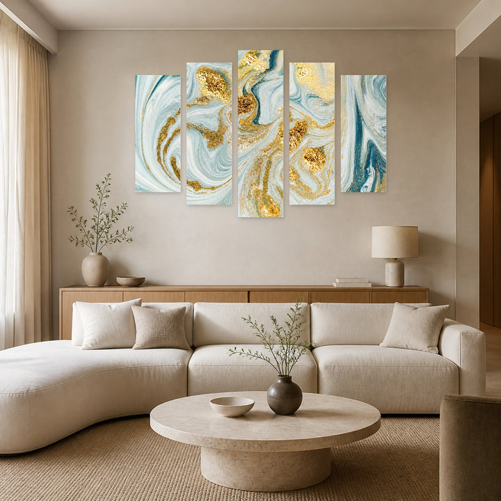 Abstraction in Light Blue and Gold Modern Composition — five-panel wall art in alternate frontal interior | 5wallart 53440 M4