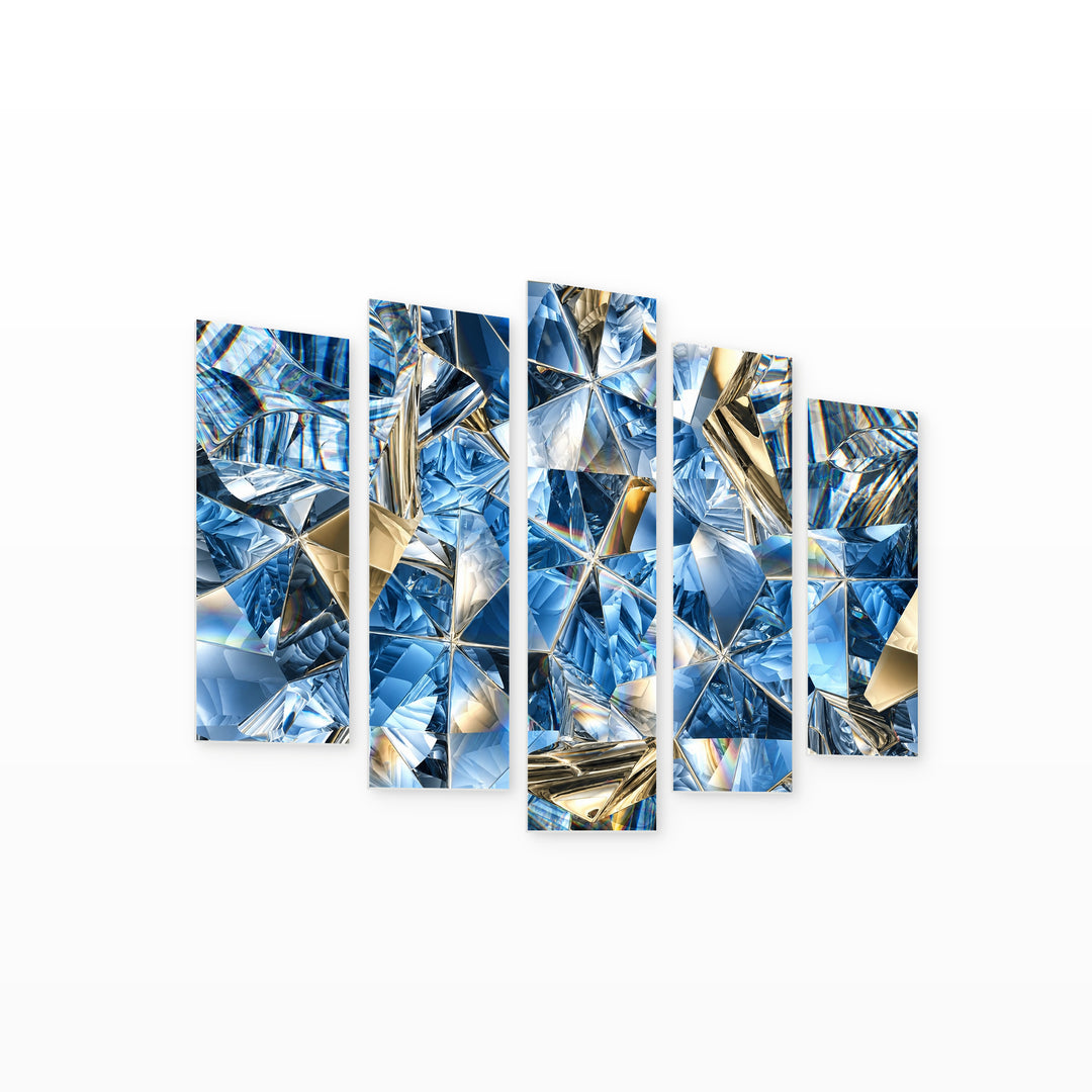 Diamond Abstraction in Blue and Gold — five-panel wall art on white background in perspective | 5wallart 53441 M1