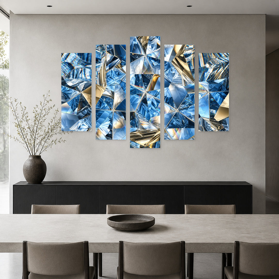Diamond Abstraction in Blue and Gold — five-panel wall art in alternate frontal interior | 5wallart 53441 M4