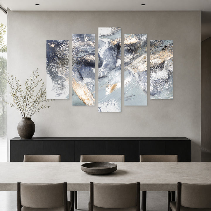 Silvery Abstraction in Serene Light — five-panel wall art in alternate frontal interior | 5wallart 53443 M4