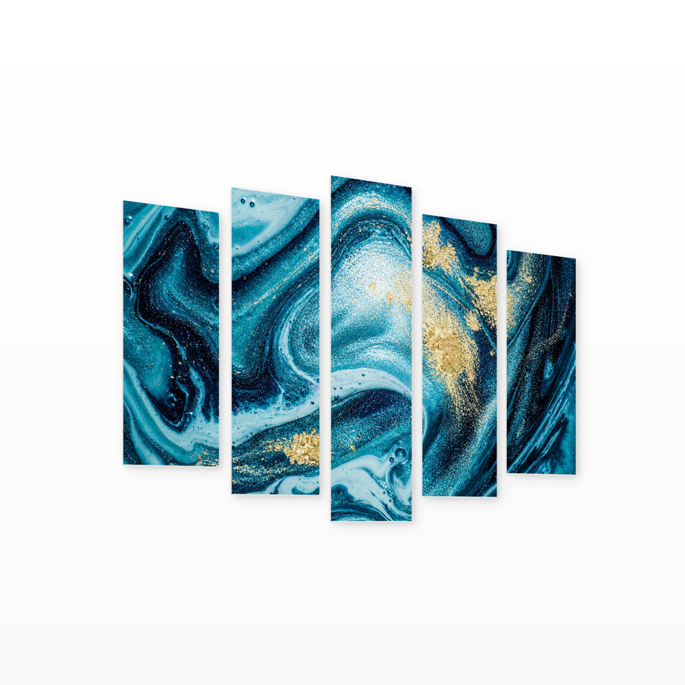 Abstraction in Dark Blue Circles in Serene Light — five-panel wall art on white background in perspective | 5wallart 53445 M1