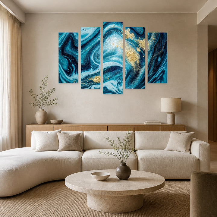 Abstraction in Dark Blue Circles in Serene Light — five-panel wall art in frontal interior | 5wallart 53445 M3