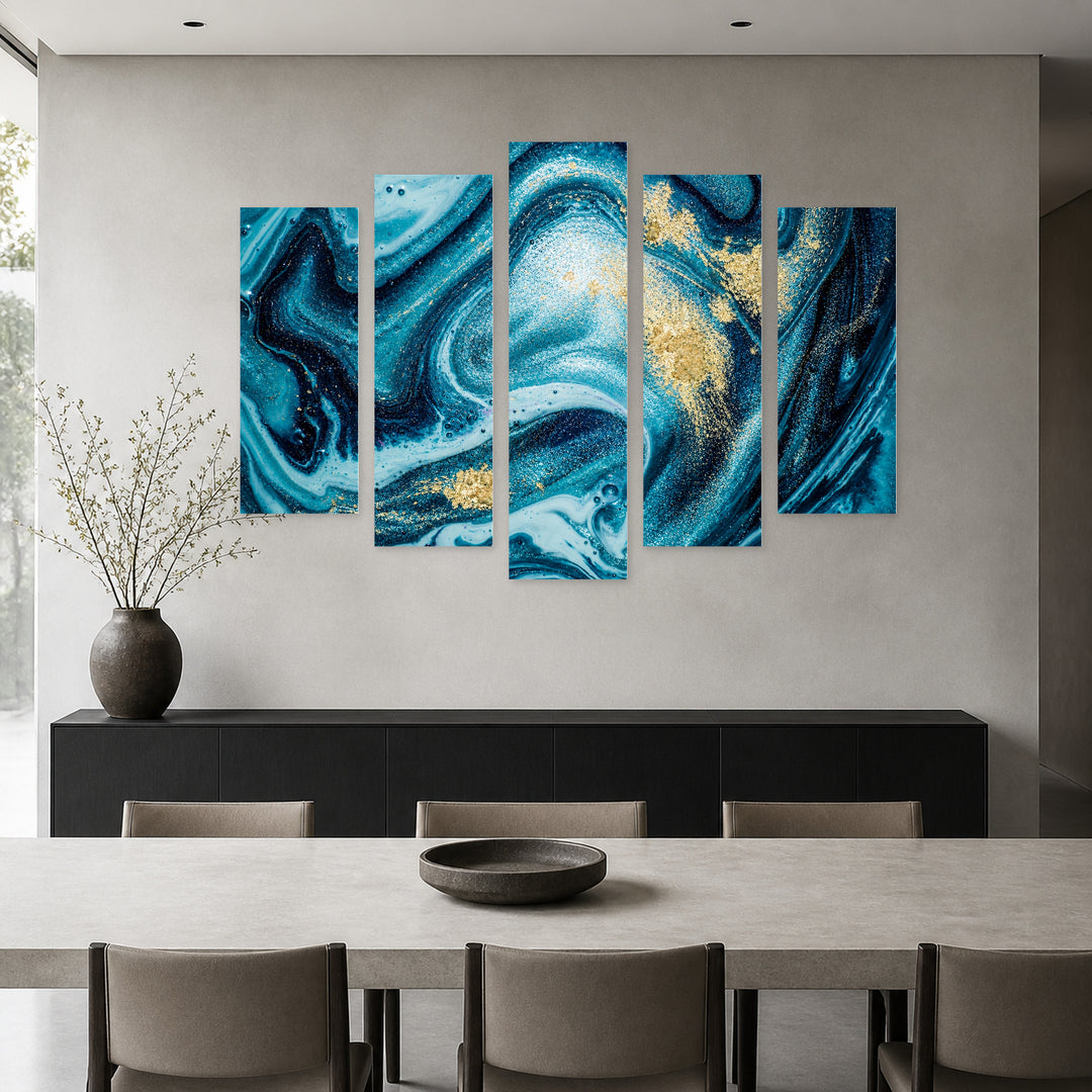 Abstraction in Dark Blue Circles in Serene Light — five-panel wall art in alternate frontal interior | 5wallart 53445 M4
