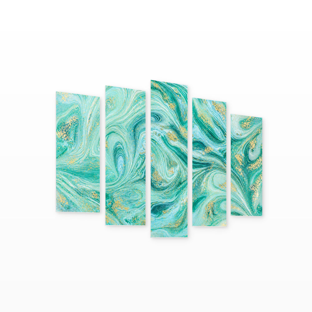 Turquoise and Gold Abstraction in Serene Light — five-panel wall art on white background in perspective | 5wallart 53446 M1