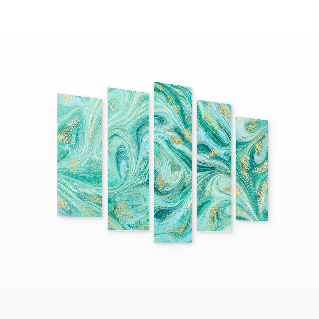 Turquoise and Gold Abstraction in Serene Light — five-panel wall art on white background in perspective | 5wallart 53446 M1