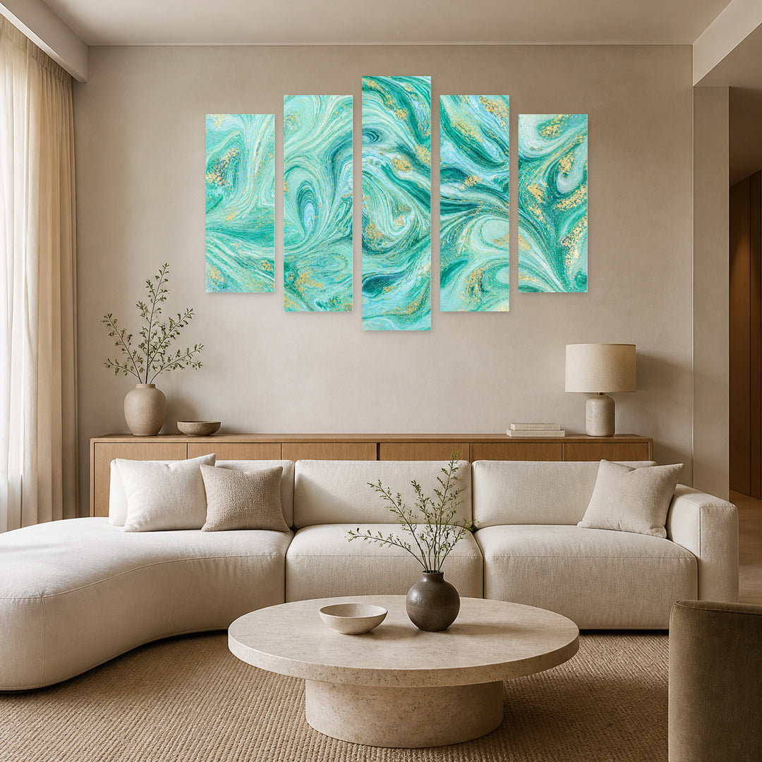 Turquoise and Gold Abstraction in Serene Light — five-panel wall art in alternate frontal interior | 5wallart 53446 M4