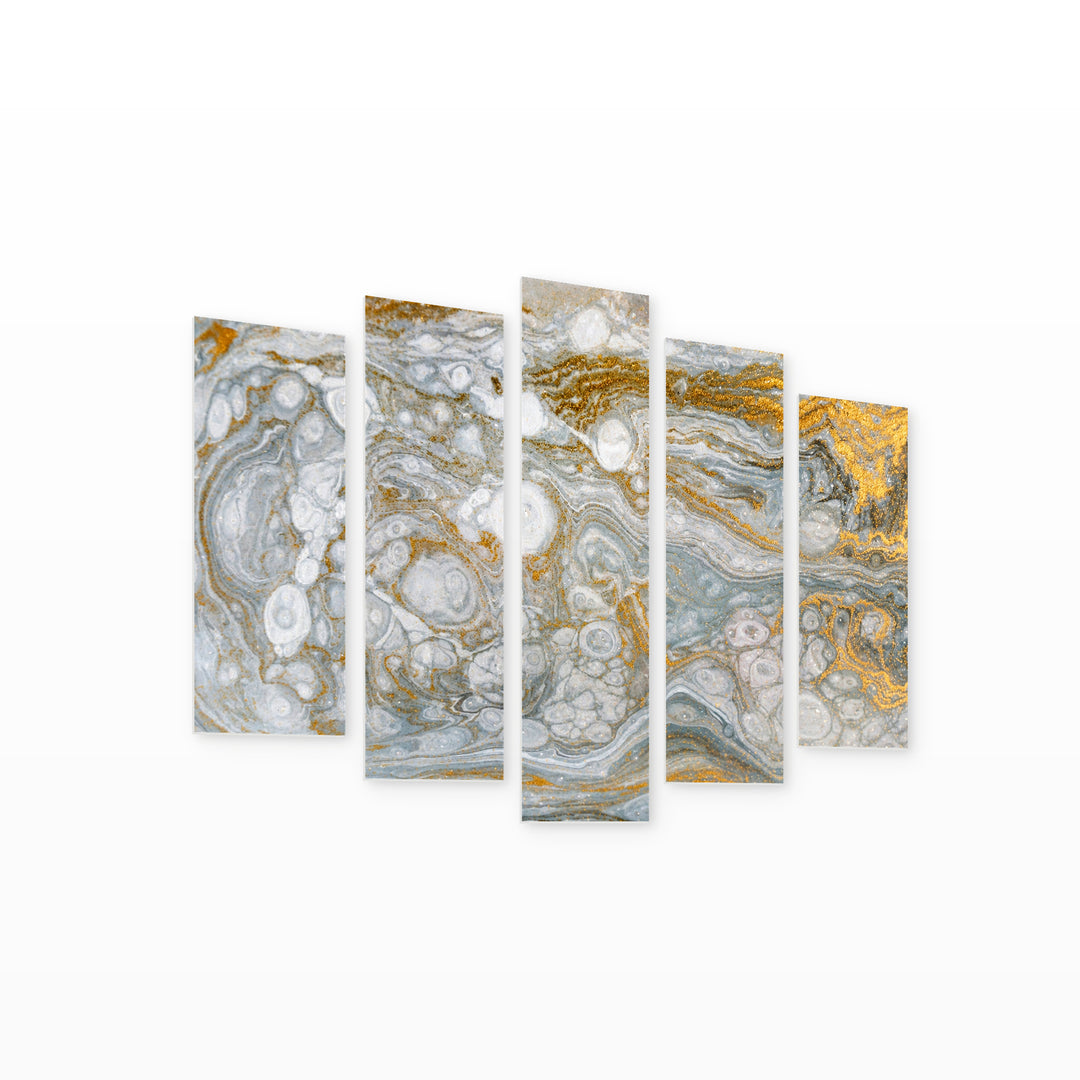 Abstraction in Gold and White with Geometric Rhythm — five-panel wall art on white background in perspective | 5wallart 53448 M1
