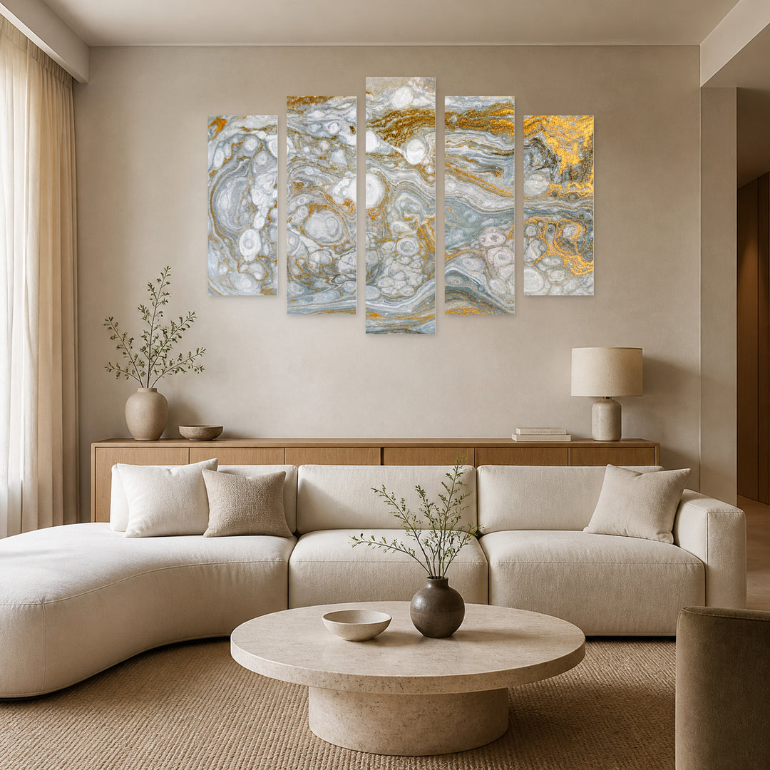 Abstraction in Gold and White with Geometric Rhythm — five-panel wall art in alternate frontal interior | 5wallart 53448 M4