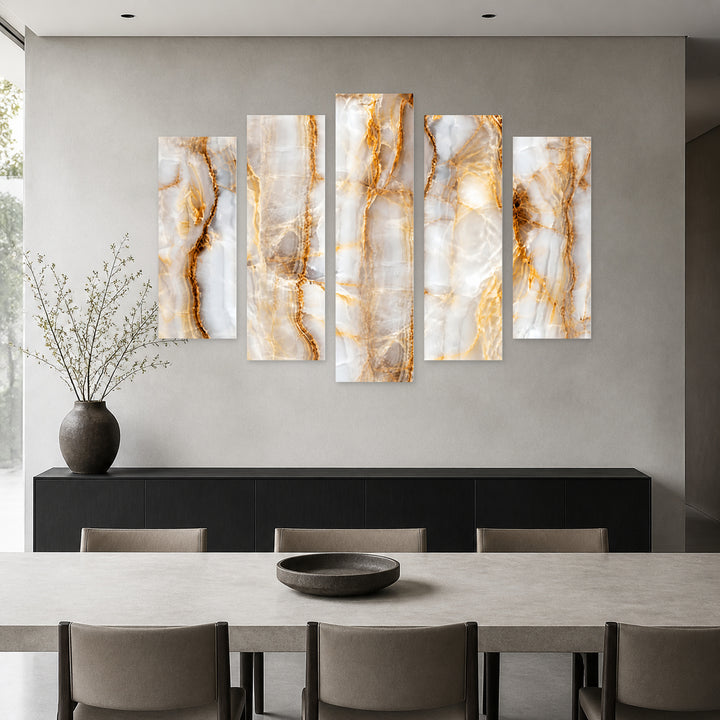 Marble with Geometric Rhythm — five-panel wall art in frontal interior | 5wallart 53450 M3