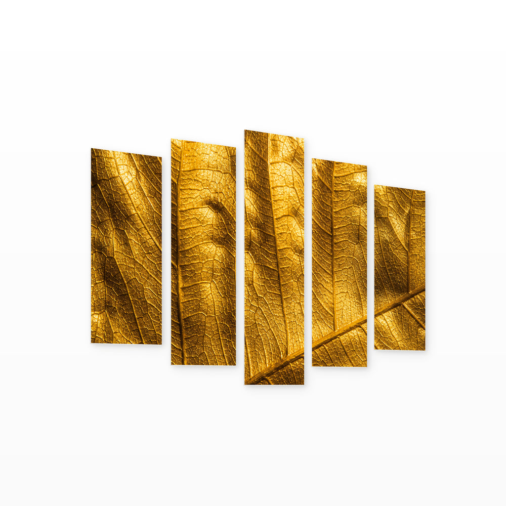 Gold Leaf in Serene Light — five-panel wall art on white background in perspective | 5wallart 53454 M1