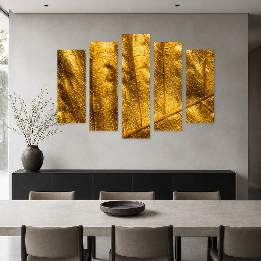 Gold Leaf in Serene Light — five-panel wall art in frontal interior | 5wallart 53454 M3