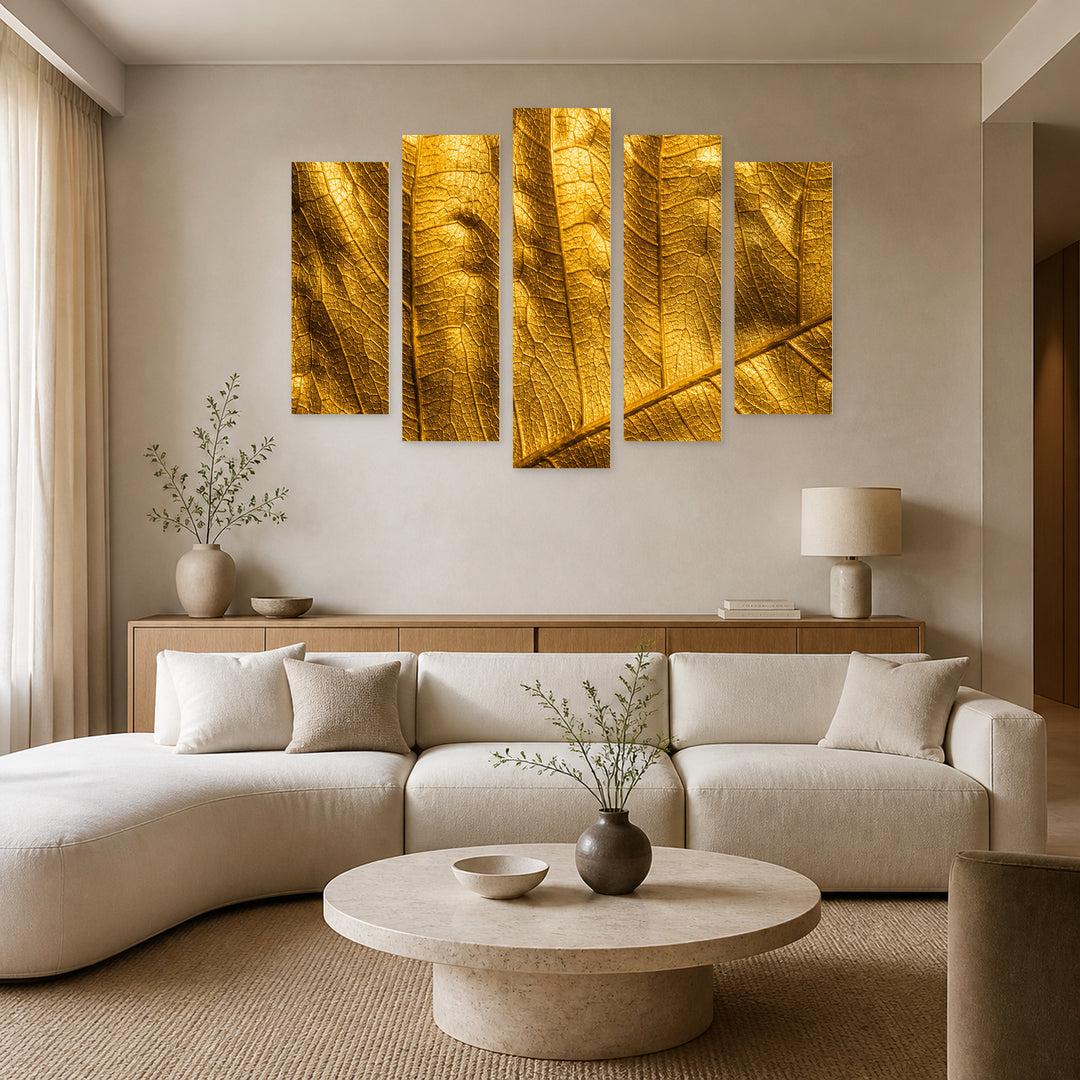 Gold Leaf in Serene Light — five-panel wall art in alternate frontal interior | 5wallart 53454 M4