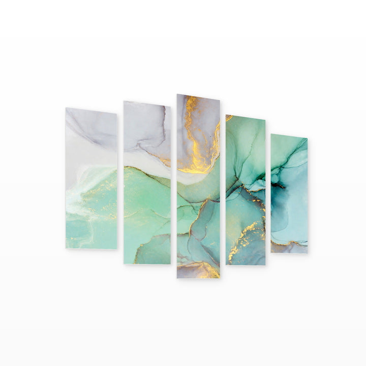 Blue-green Marble in Serene Light — five-panel wall art on white background in perspective | 5wallart 53456 M1