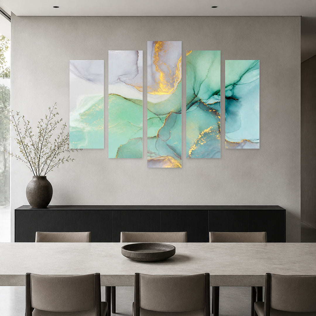 Blue-green Marble in Serene Light — five-panel wall art in frontal interior | 5wallart 53456 M3