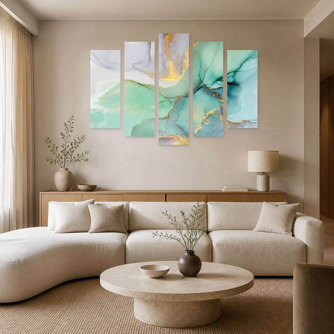 Blue-green Marble in Serene Light — five-panel wall art in alternate frontal interior | 5wallart 53456 M4