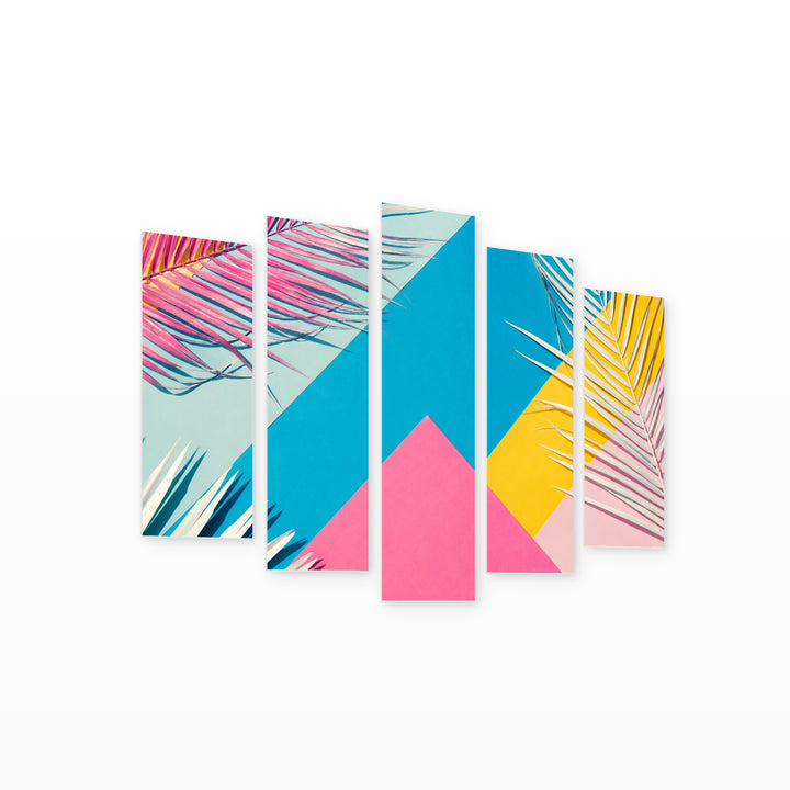 Summer Colors with Geometric Rhythm — five-panel wall art on white background in perspective | 5wallart 53460 M1