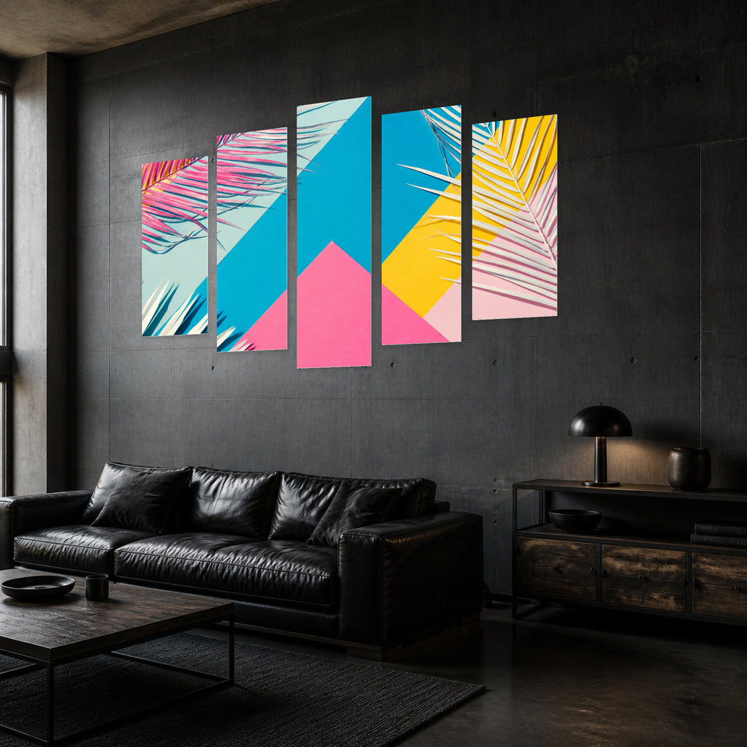 Summer Colors with Geometric Rhythm — five-panel wall art in perspective interior | 5wallart 53460 M2
