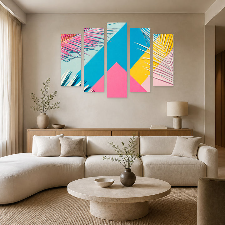 Summer Colors with Geometric Rhythm — five-panel wall art in alternate frontal interior | 5wallart 53460 M4