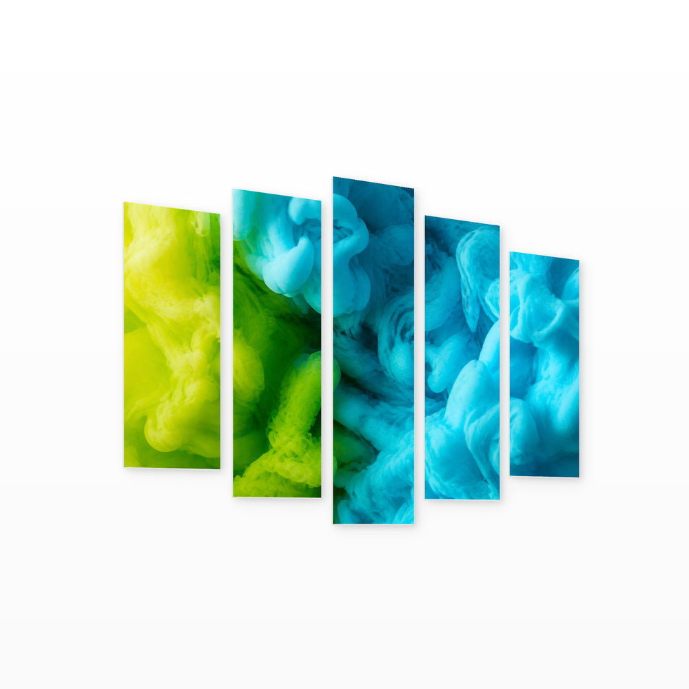 Explosion of Green and Blue Color Modern Composition — five-panel wall art on white background in perspective | 5wallart 53466 M1