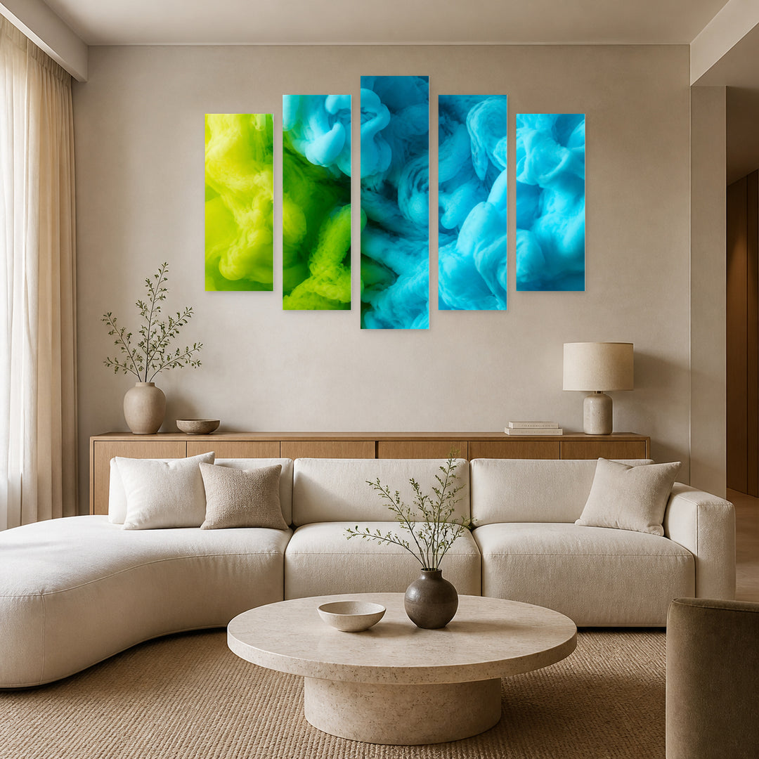 Explosion of Green and Blue Color Modern Composition — five-panel wall art in alternate frontal interior | 5wallart 53466 M4