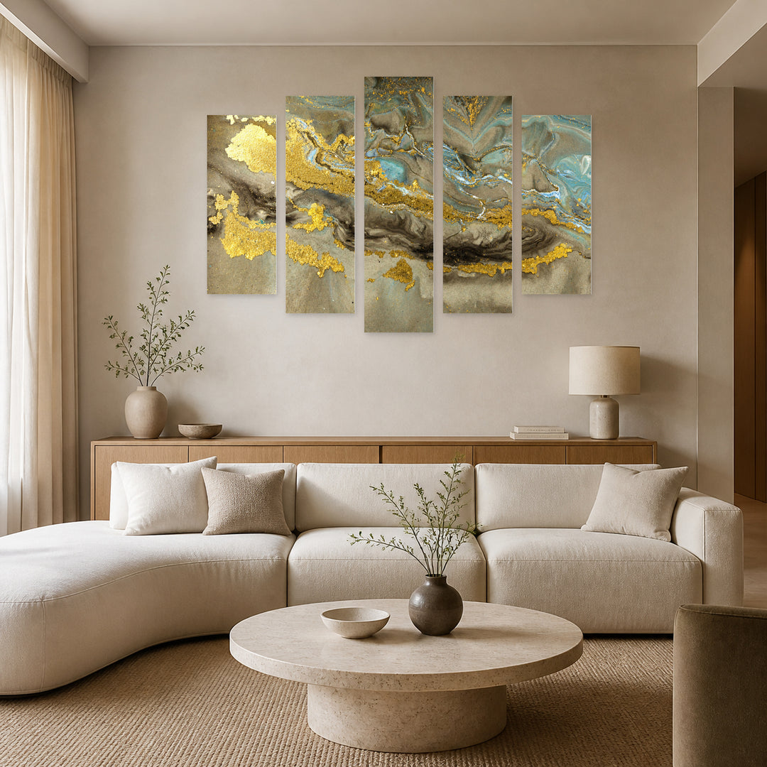 Golden Colors, Abstraction in Vivid Color — five-panel wall art in frontal interior | 5wallart 53467 M3