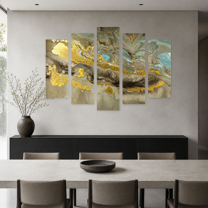 Golden Colors, Abstraction in Vivid Color — five-panel wall art in alternate frontal interior | 5wallart 53467 M4
