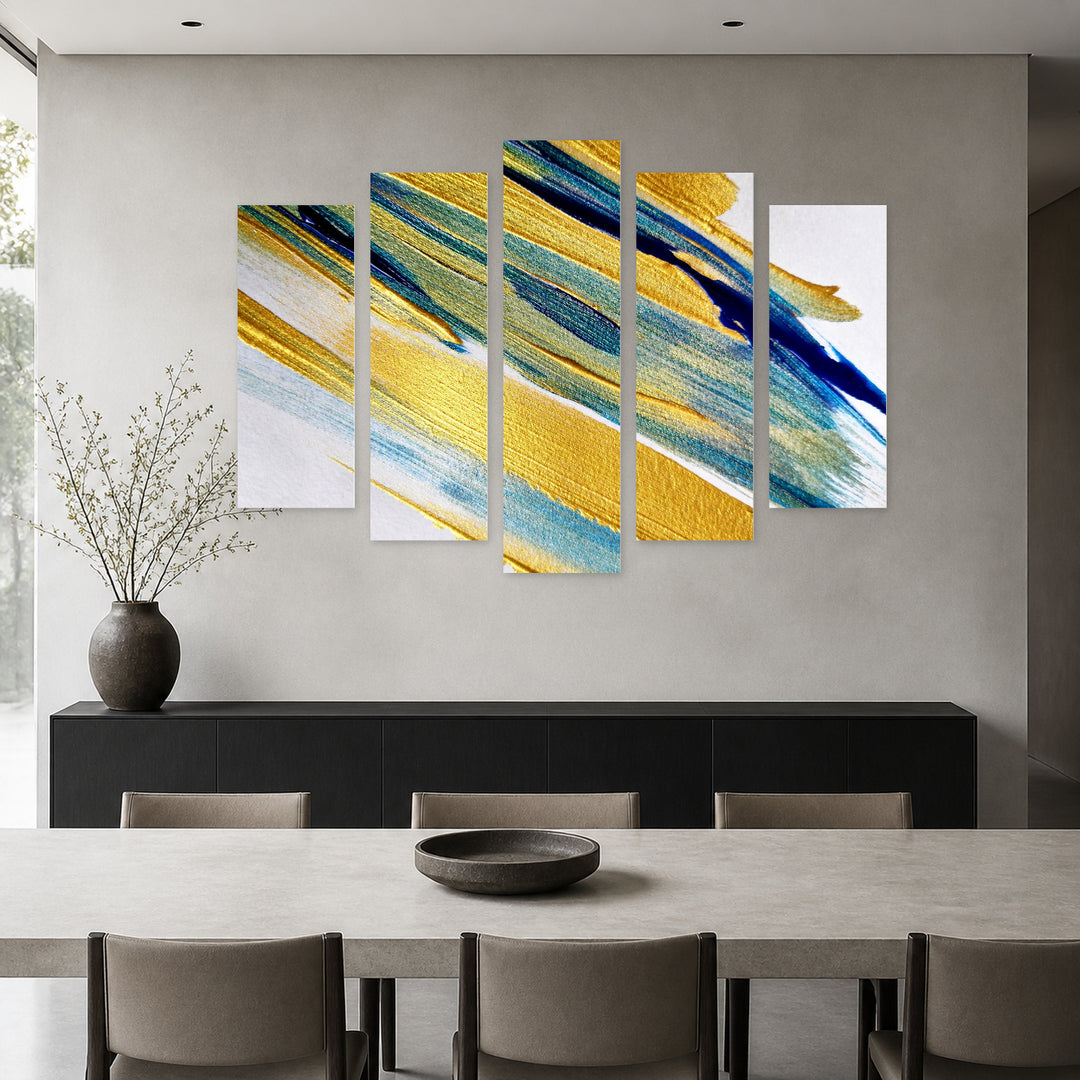 Golden Abstraction 23 with Geometric Rhythm — five-panel wall art in frontal interior | 5wallart 53468 M3